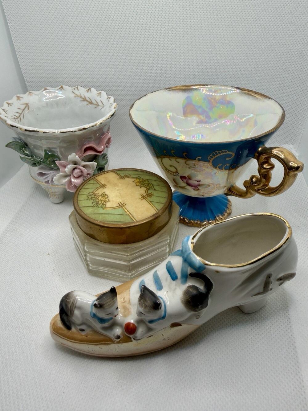 4 Pc Vintage Estate Lot Porcelain Glass Vanity Trinkets: Art Deco/Victorian Vibe